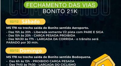 No sábado, será interditada a MS 178, no trecho da saída de Bonito sentido Aeroporto