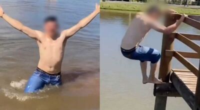 Jovens ignoram regras e nadam em lago de Parque em MS