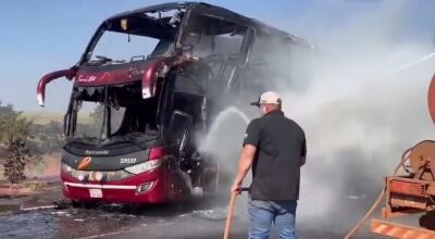 Ônibus fica destruído após pegar fogo na BR-163