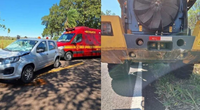 Mulher é socorrida com fratura após bater Uno em máquina agrícola em MS