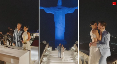 Michel Teló e Thaís Fersoza renovam votos de casamento no Cristo Redentor