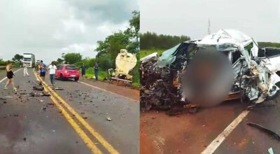 Mulher morre após caminhonete bater de frente com caminhão