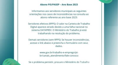 Prefeitura alerta sobre inconsistências na consulta ao abono referente ao ano base 2023