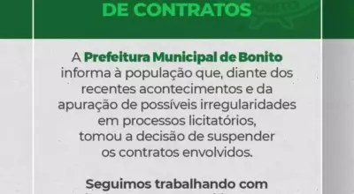 Prefeitura de Bonito suspende contratos tempor&aacute;rios