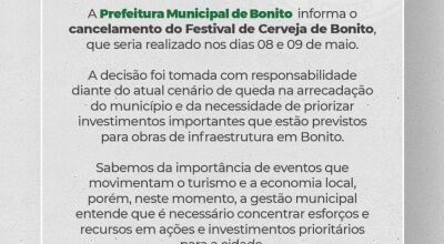 Festival de Cerveja de Bonito ser&aacute; cancelado 