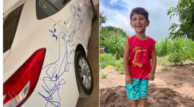 Menino risca carro com caneta permanente e família se desespera