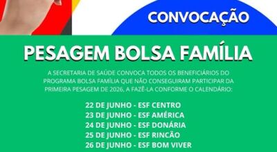 Sa&uacute;de convoca fam&iacute;lias para segunda etapa da pesagem obrigat&oacute;ria do Bolsa Fam&iacute;lia