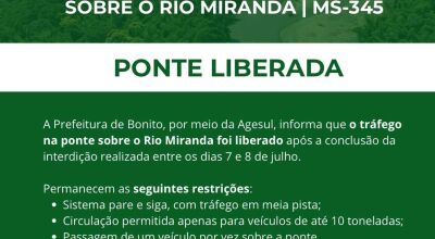 Tr&aacute;fego na ponte sobre o Rio Miranda &eacute; liberado com restri&ccedil;&otilde;es de circula&ccedil;&atilde;o