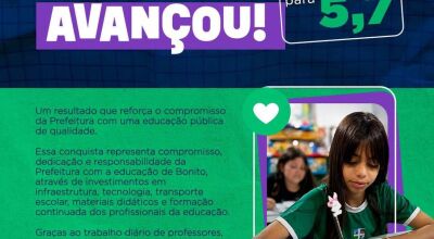 Bonito eleva nota do IDEB e alcan&ccedil;a &iacute;ndice de 5,7 na rede municipal