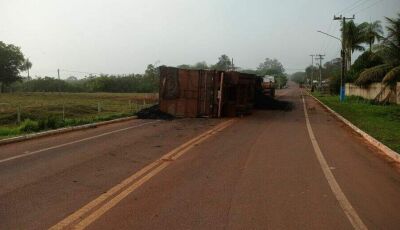 Carreta carregada de carvão tomba em rodovia