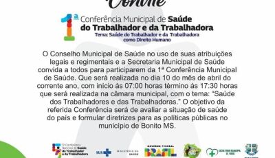 Bonito realiza 1ª Conferência Municipal de Saúde do Trabalhador nesta quinta-feira