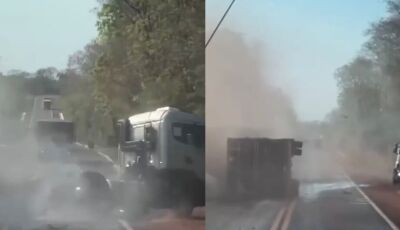Motorista embriagado tomba carreta e quase causa acidente grave em Aquidauana