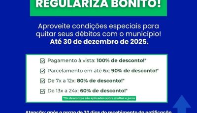 Programa Regulariza Bonito oferece condições especiais para quitação de débitos até 30 de dezembro 
