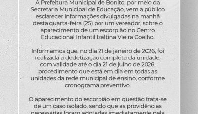 Prefeitura faz esclarecimento sobre escorpião em creche de Bonito