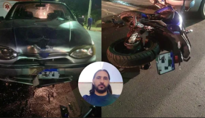 Professor fica gravemente ferido em acidente entre moto e carro 