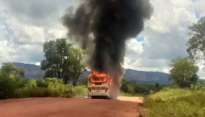 Ônibus escolar pega fogo e fica parcialmente destruído