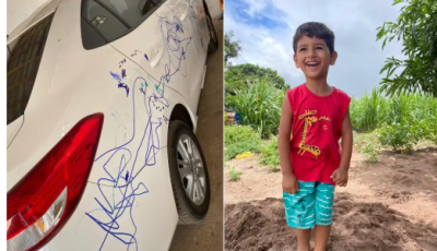 Menino risca carro com caneta permanente e família se desespera