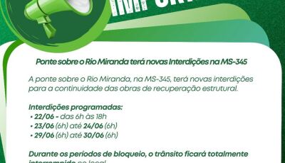 Ponte sobre o Rio Miranda, na MS-345, passará por novas interdições temporárias