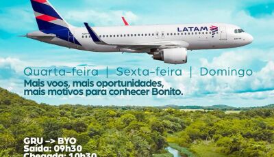 Bonito ganha reforço aéreo e terá três voos semanais da LATAM para São Paulo a partir de outubro