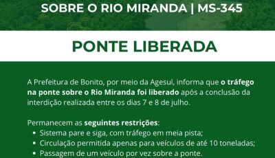 Tráfego na ponte sobre o Rio Miranda é liberado com restrições de circulação