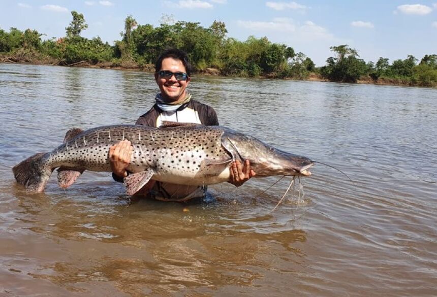Peixe de 1,70 metro foi solto logo após de ser capturado no rio Brilhantão, em Deodápolis (MS). — Foto: Odacil Barbosa/Arquivo Pessoal