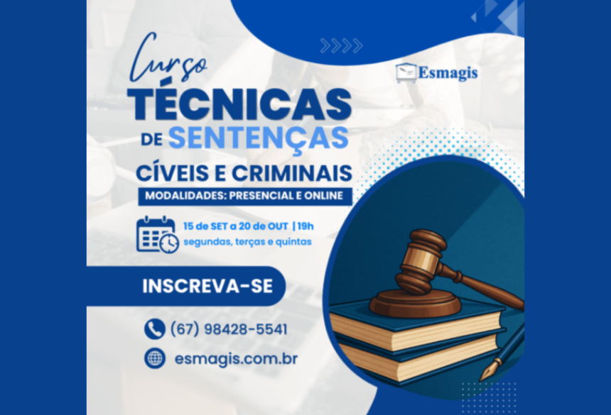 O curso é voltado a bacharéis em Direito e terá início no dia 15 de setembro, com encerramento previsto para 20 de outubro