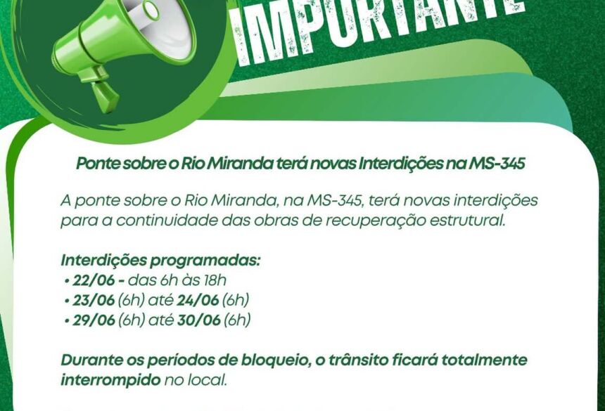 As interrupções ocorrerão nos dias 22, 23 e 29 de junho, conforme cronograma divulgado pela Agesul