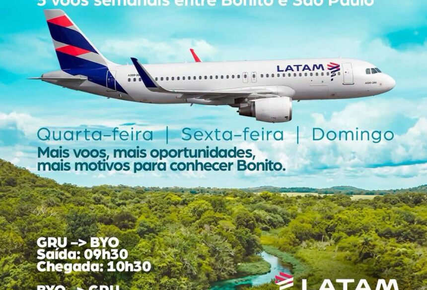 Os voos serão realizados às quartas, sextas e domingos. No trecho de Guarulhos para Bonito, a saída está prevista para as 9h30, com chegada às 10h30