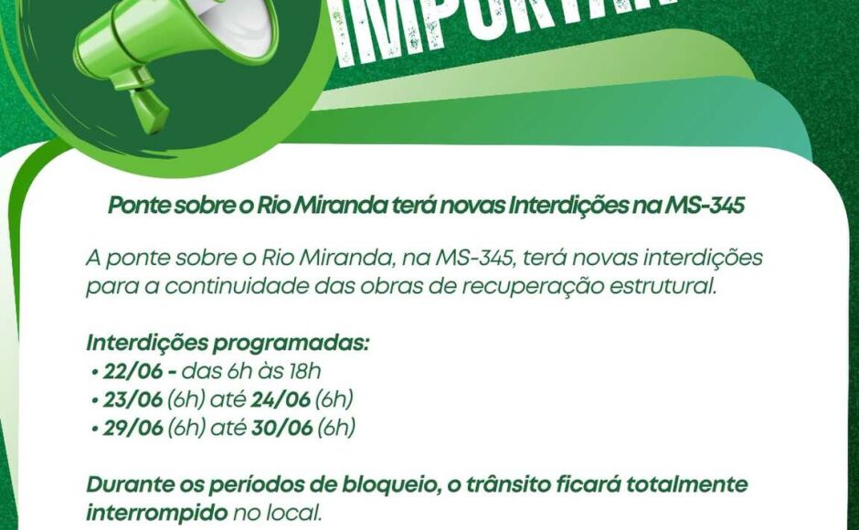 Ponte sobre o Rio Miranda, na MS-345, passará por novas interdições temporárias