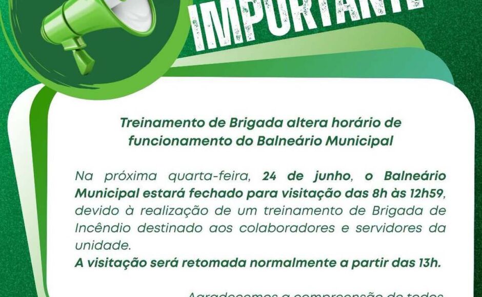Balneário Municipal terá o horário de funcionamento alterado nesta quarta-feira