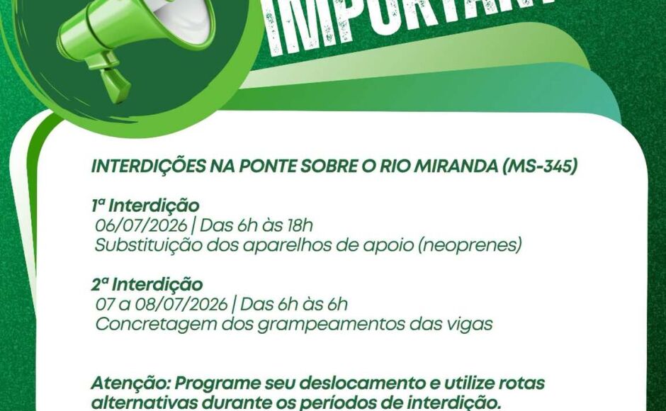 Interdições na ponte sobre o Rio Miranda exigem atenção dos motoristas nesta semana