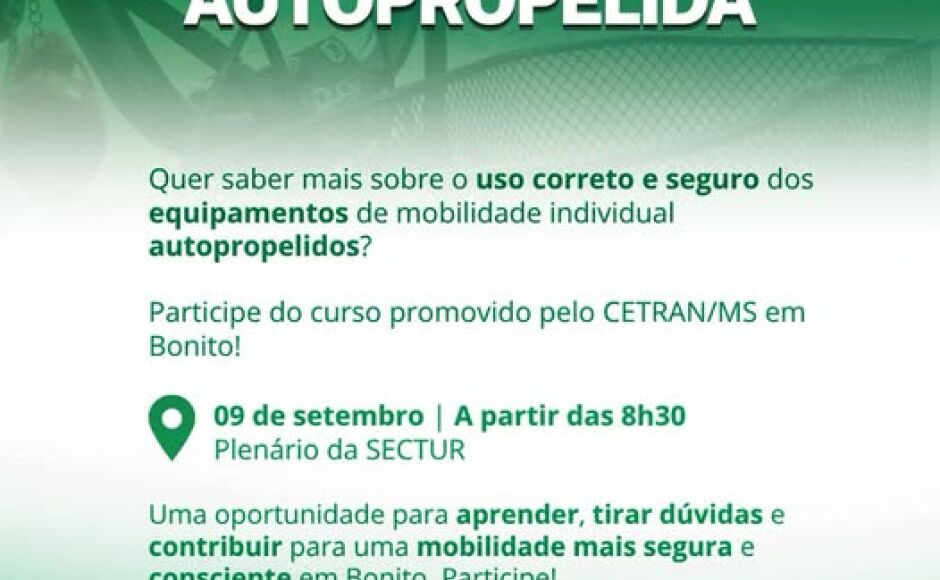 Bonito recebe curso sobre mobilidade individual autopropelida no dia 9 de setembro